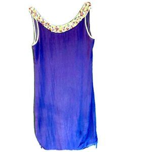 Venus Heavily Beaded Collar Size 4 Sleeveless Sheath Dress Side Shirring Blue